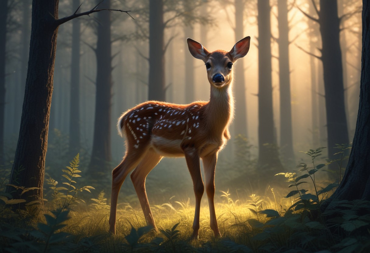 Fawn in a forest clearing at sunset Fawn in a forest clearing at sunset