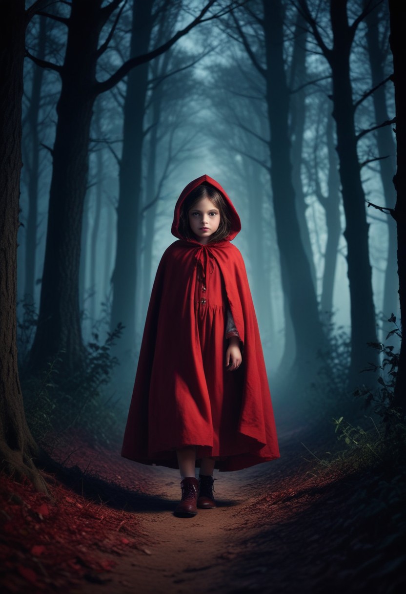 Girl in red hood walking in forest Girl in red hood walking in forest