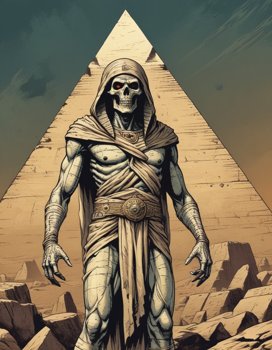 Skeleton figure in front of pyramid Skeleton figure in front of pyramid