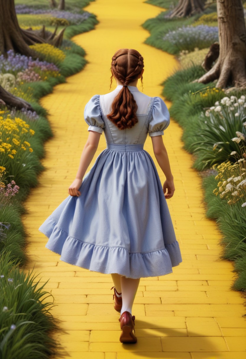 Woman walking on yellow brick road Woman walking on yellow brick road