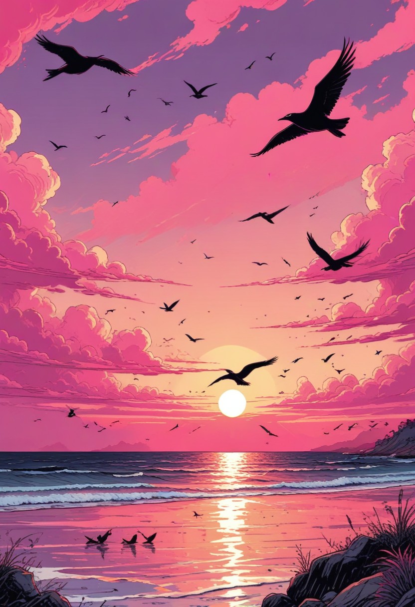 Pink sunset over ocean with birds Pink sunset over ocean with birds