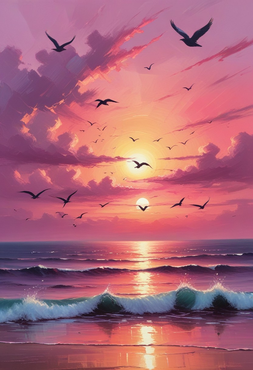 Pink sunset over ocean waves Pink sunset over ocean waves