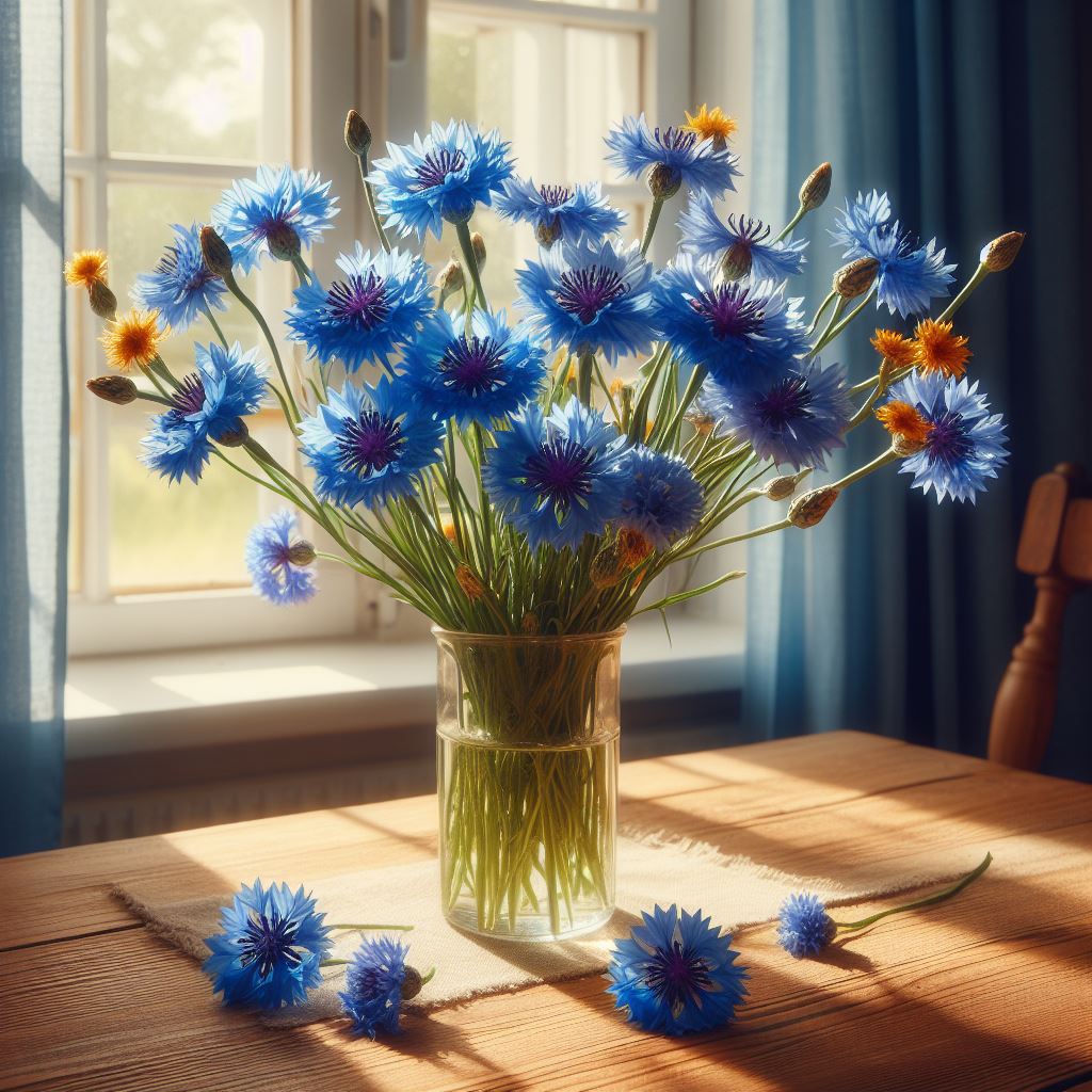Blue flowers in glass vase on table Blue flowers in glass vase on table