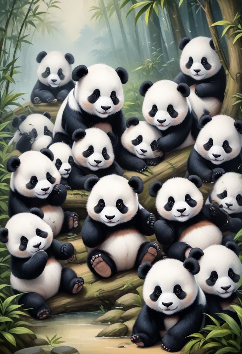 Panda family gathering in bamboo forest Panda family gathering in bamboo forest