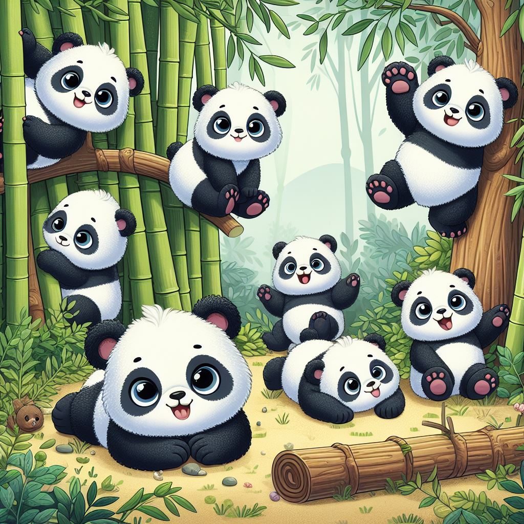 Panda cubs playing in bamboo forest Panda cubs playing in bamboo forest