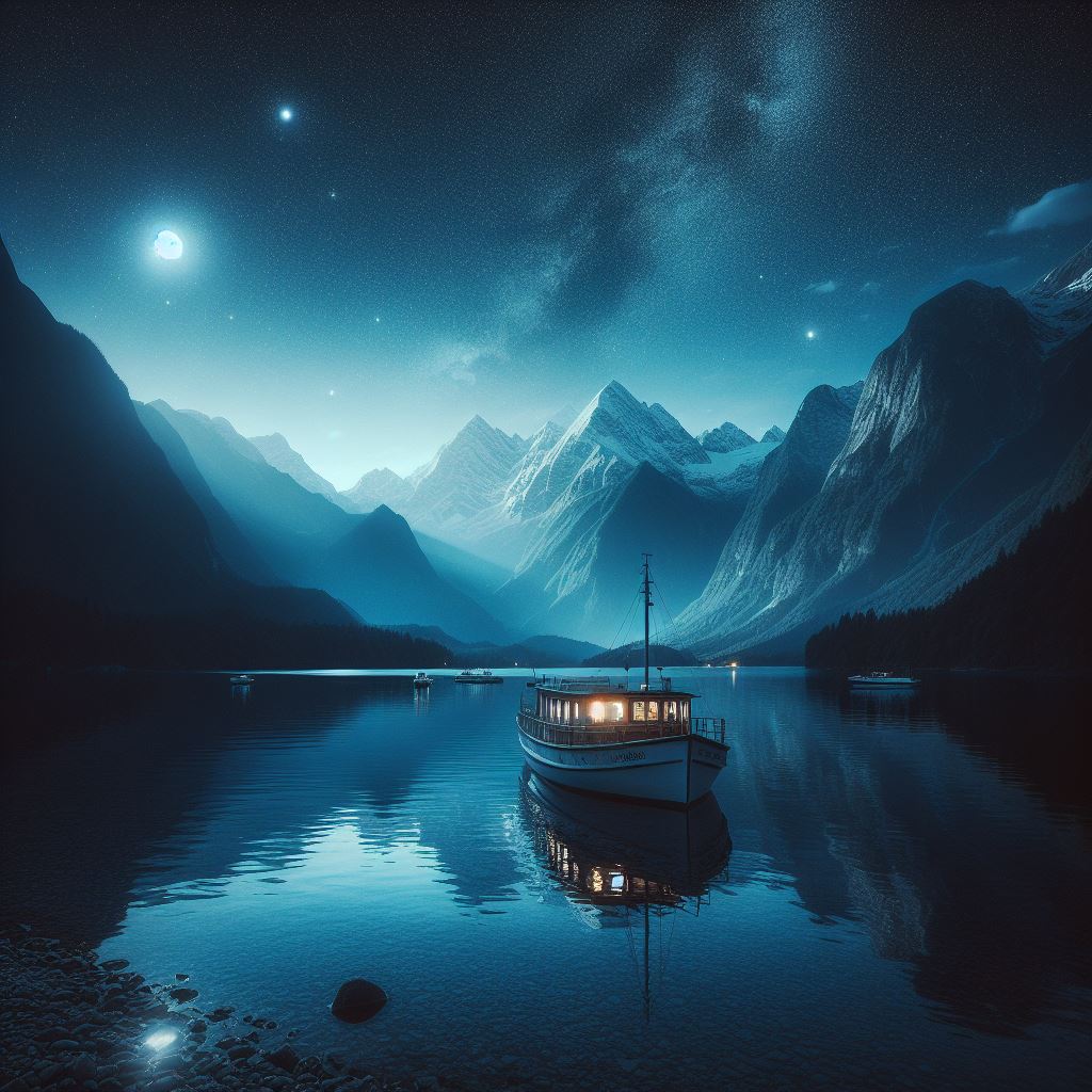 Boat on a mountain lake at night Boat on a mountain lake at night