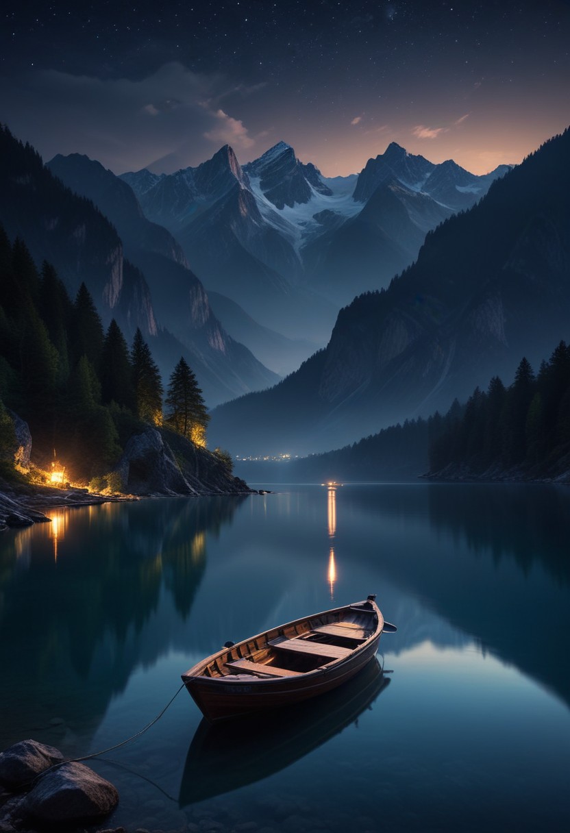 Boat on mountain lake at night Boat on mountain lake at night
