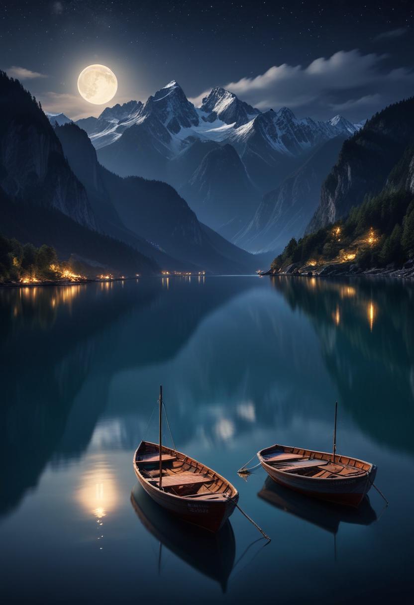 Boats moored under moonlight Boats moored under moonlight