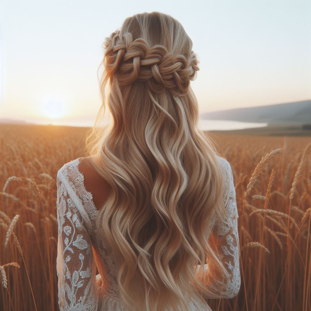 Woman with braided crown in wheat field Woman with braided crown in wheat field