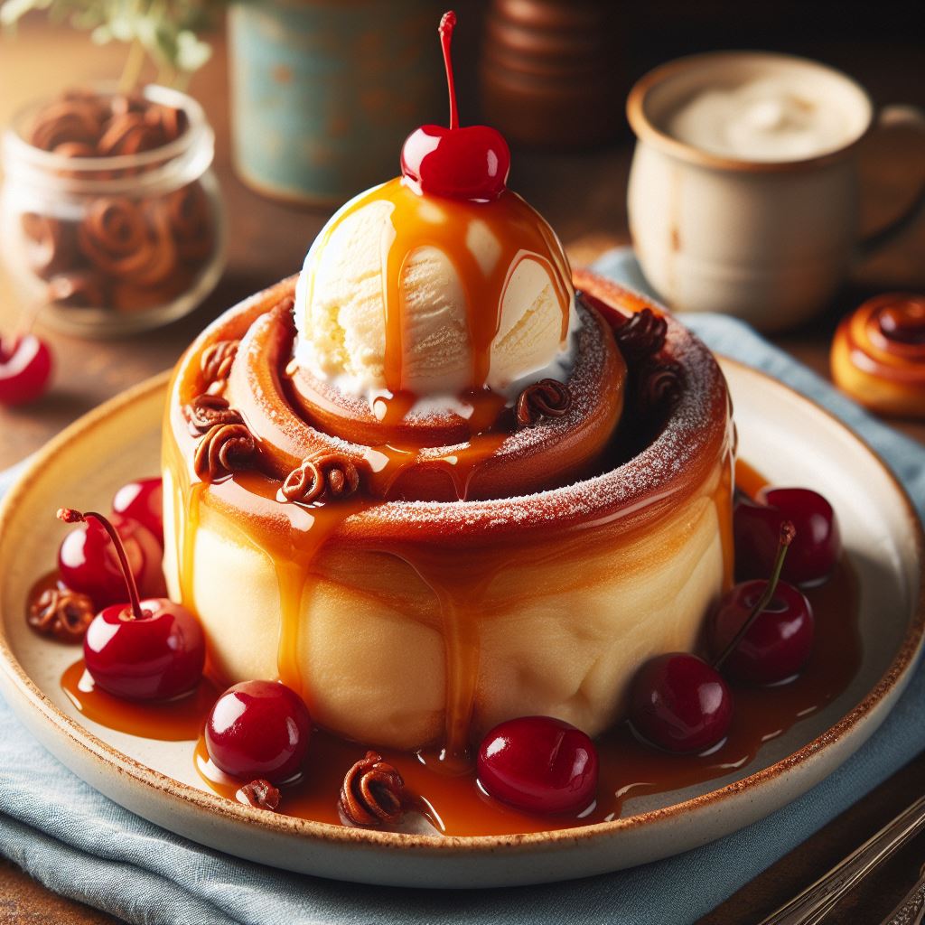 Caramel-drenched cinnamon roll with ice cream Caramel-drenched cinnamon roll with ice cream