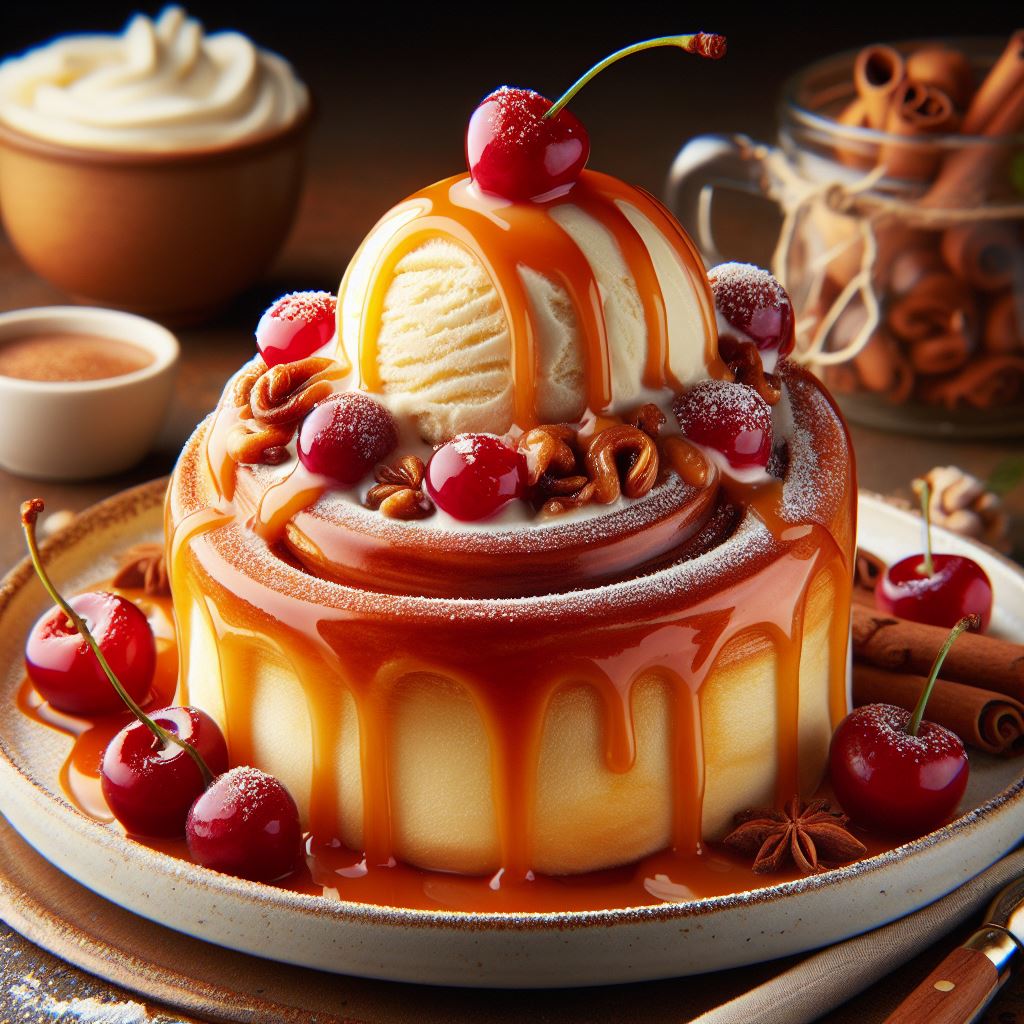 Caramel drizzled cinnamon roll with ice cream Caramel drizzled cinnamon roll with ice cream