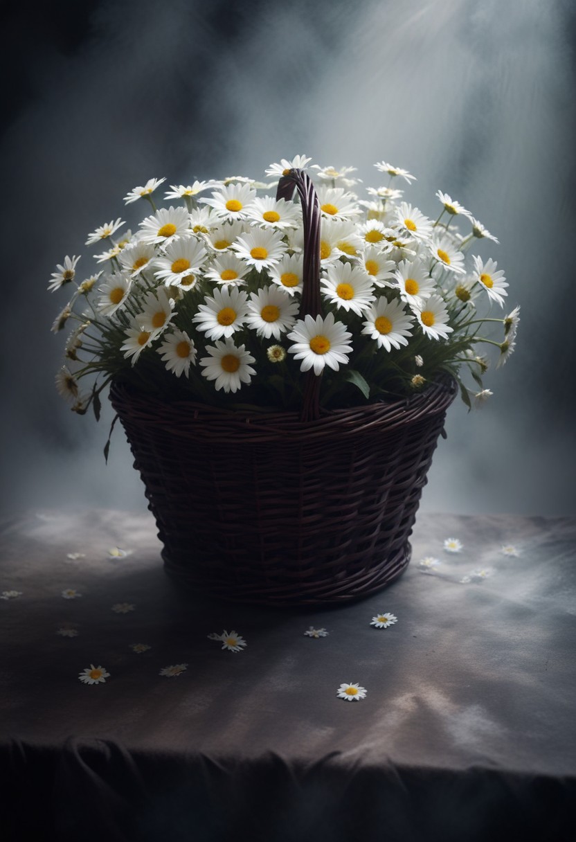 Basket of daisies on table Basket of daisies on table