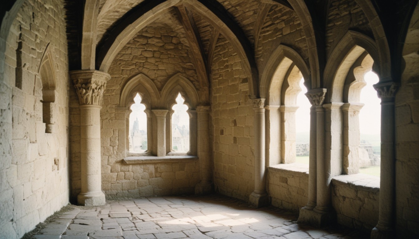 Stone hallway with arched windows Stone hallway with arched windows