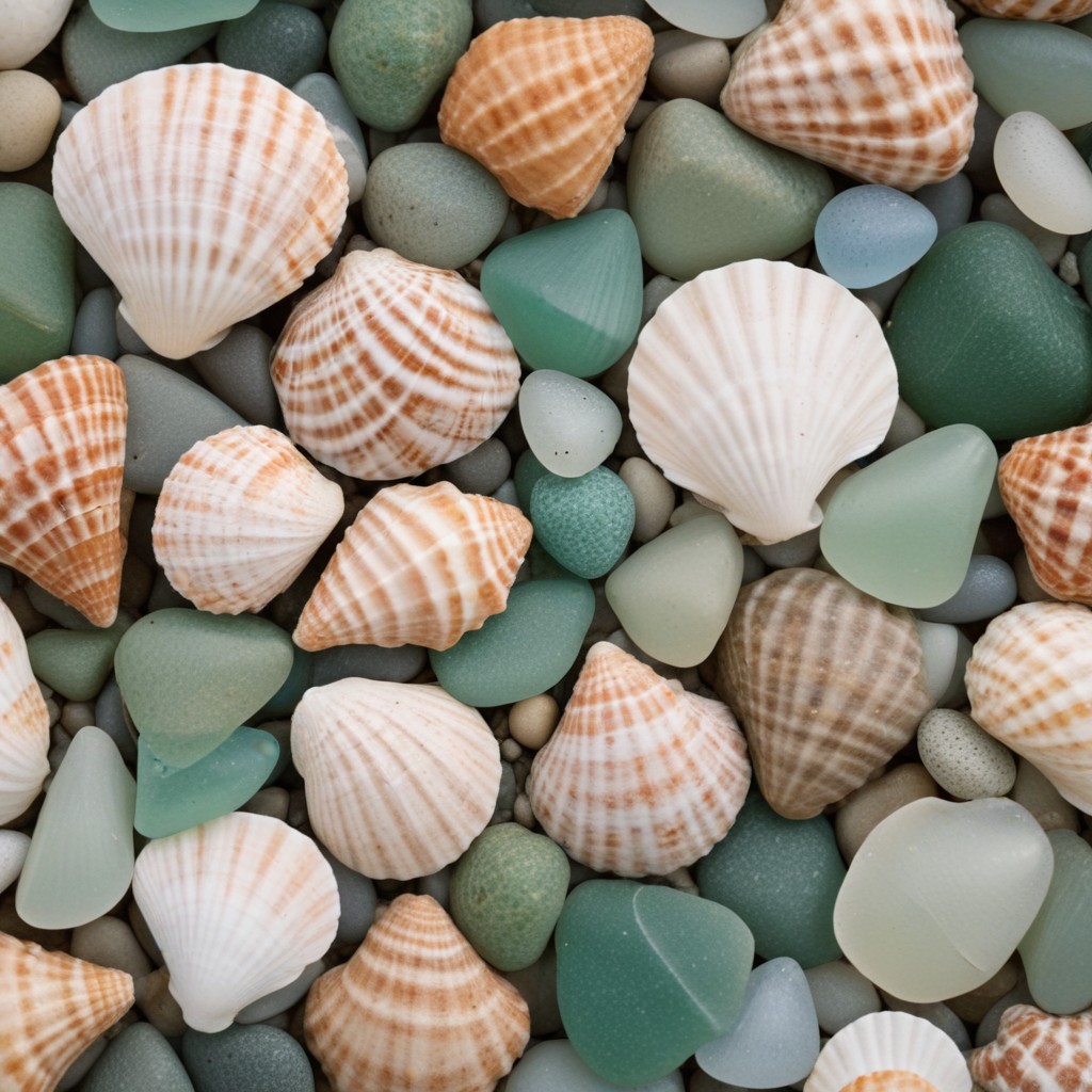 Seashells and sea glass on beach Seashells and sea glass on beach