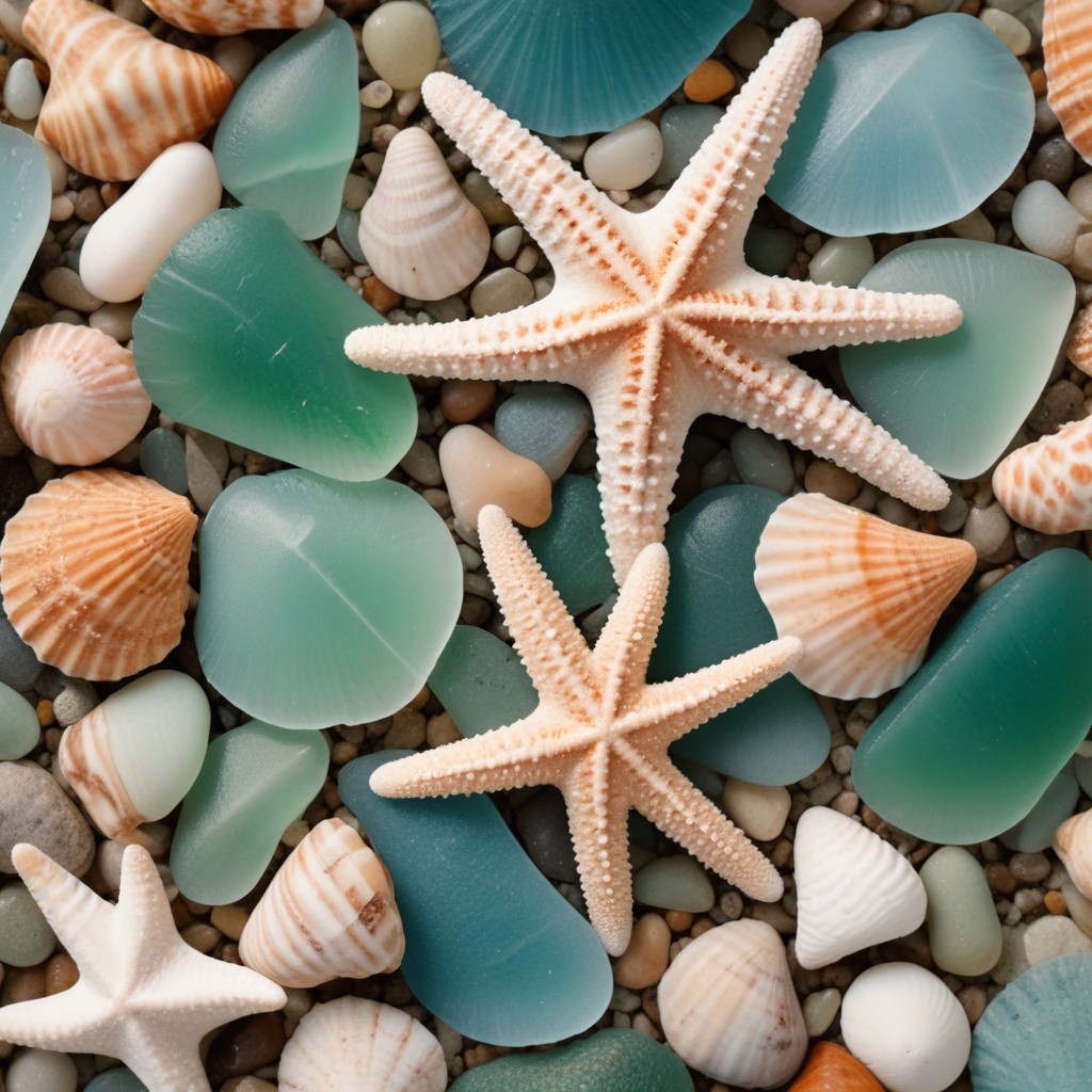 Sea glass and starfish on beach Sea glass and starfish on beach