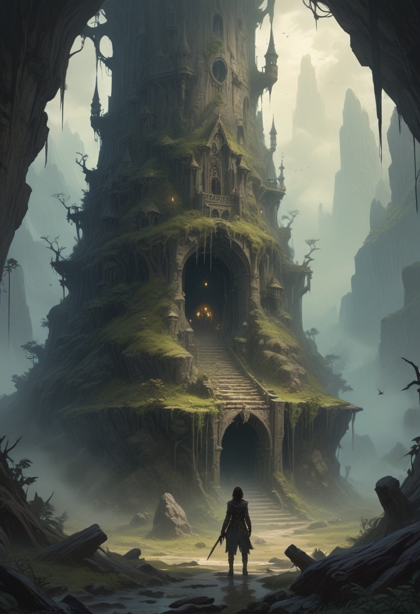 A figure approaches a ruined tower A figure approaches a ruined tower