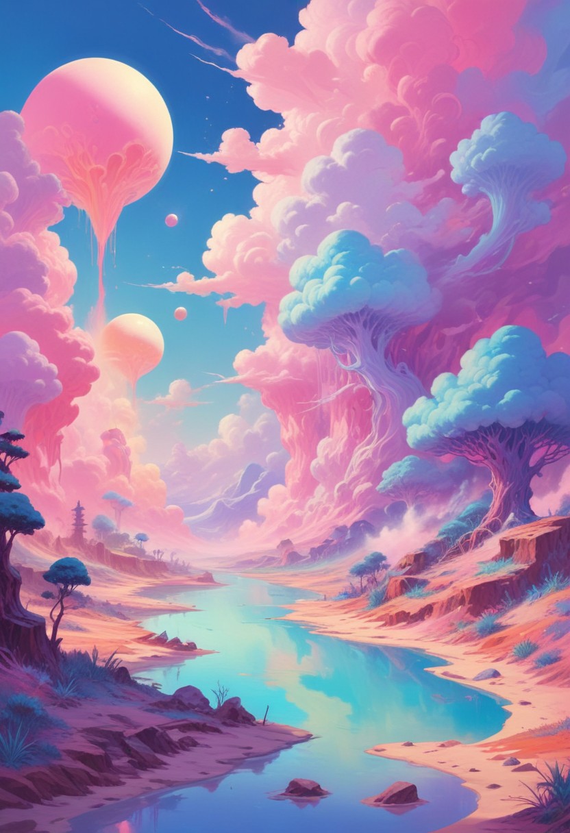 Fantasy river landscape with pink clouds Fantasy river landscape with pink clouds