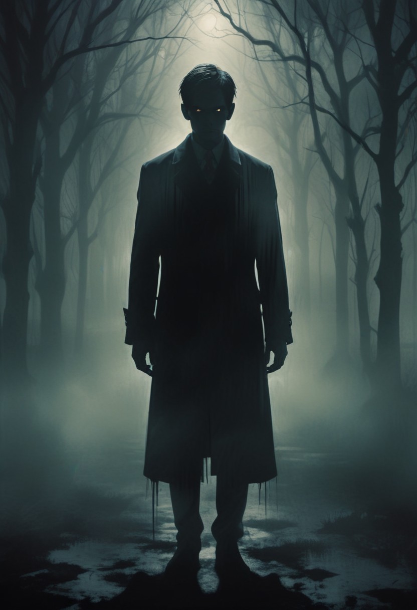 Man in coat stands in foggy forest Man in coat stands in foggy forest