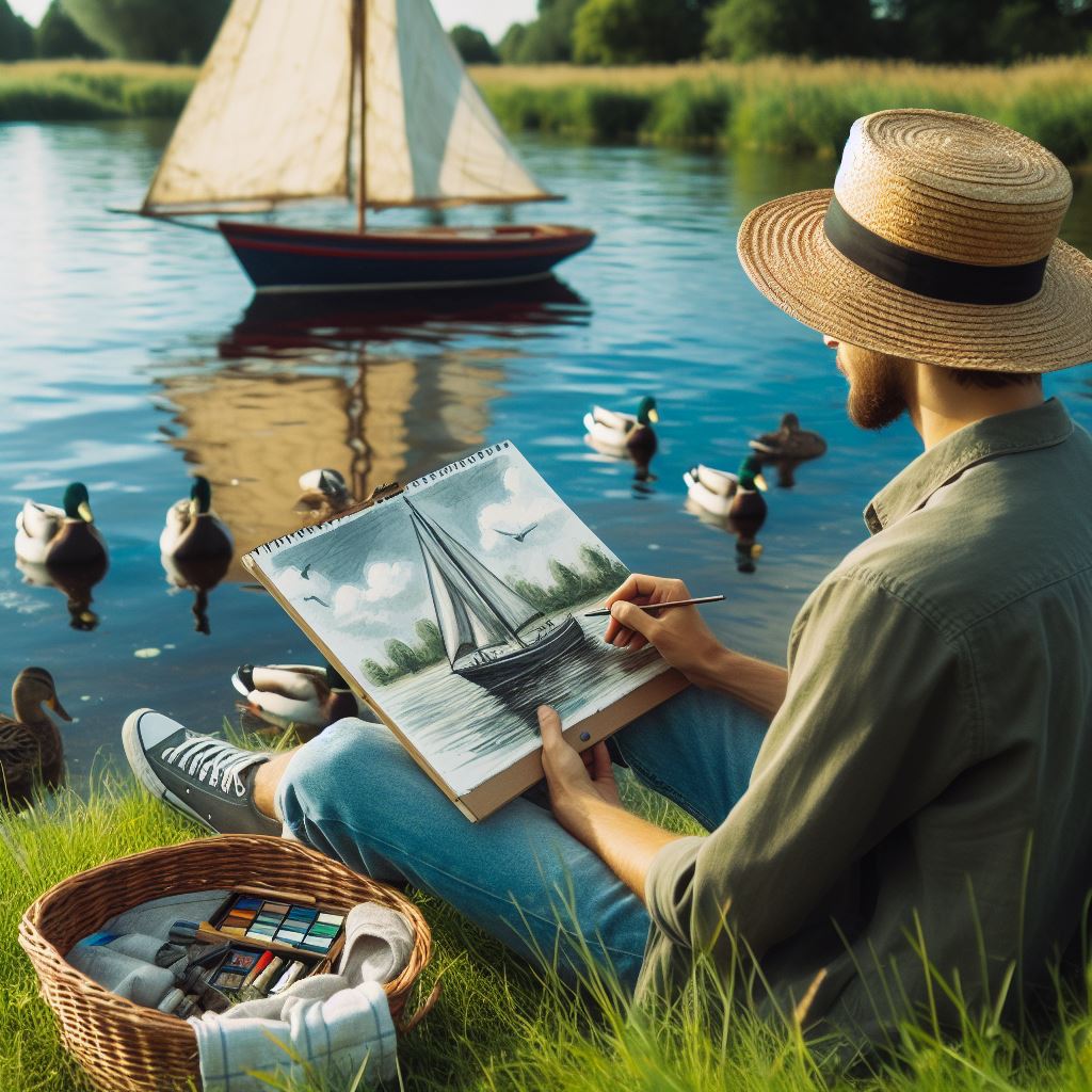 Artist sketches sailboat by river Artist sketches sailboat by river