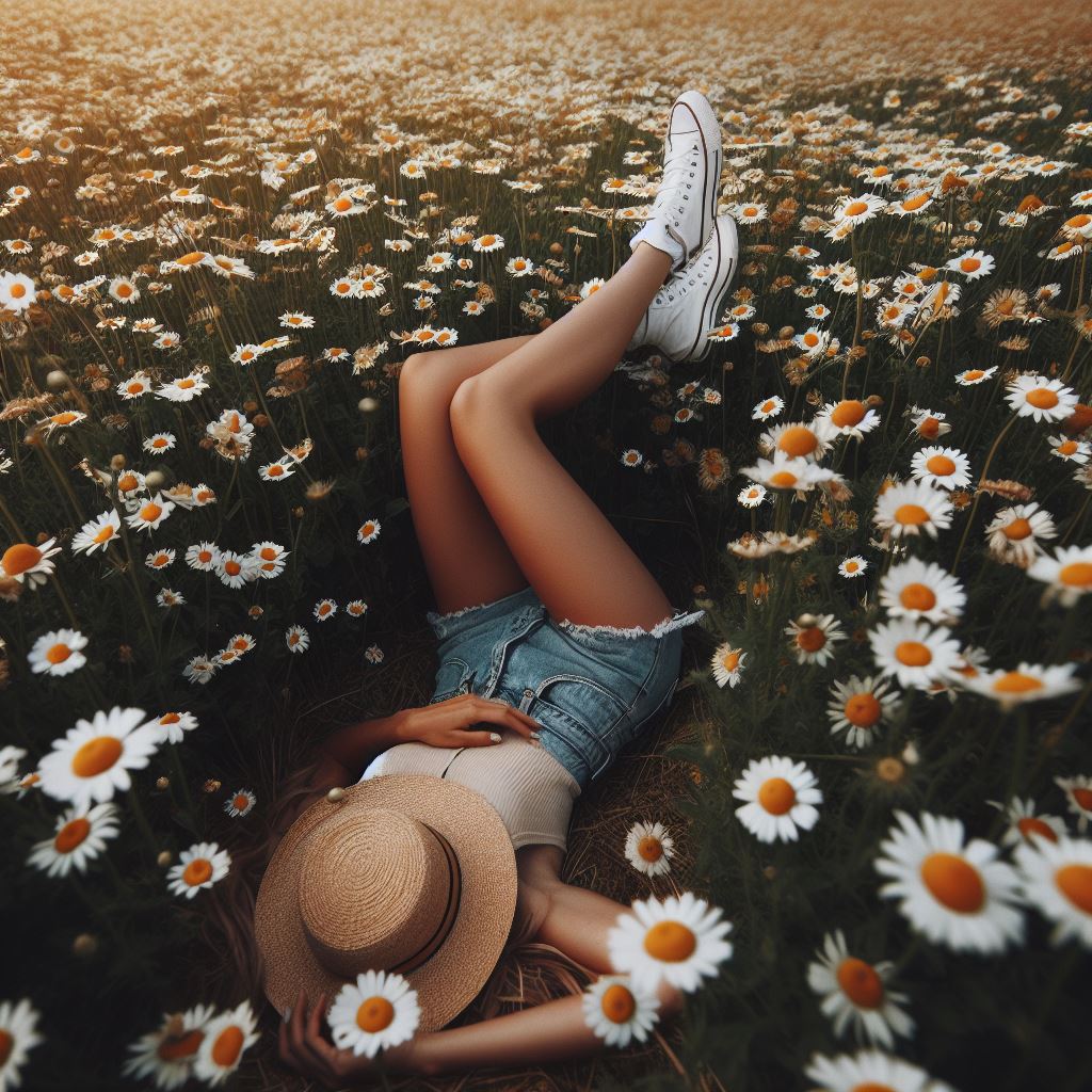 Woman relaxing in daisy field Woman relaxing in daisy field