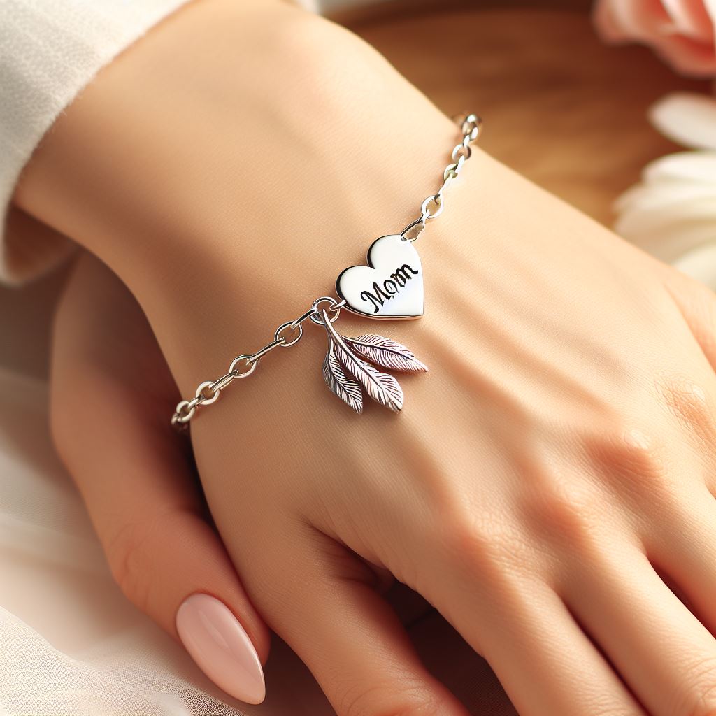 Silver heart mom bracelet with feather charms Silver heart mom bracelet with feather charms