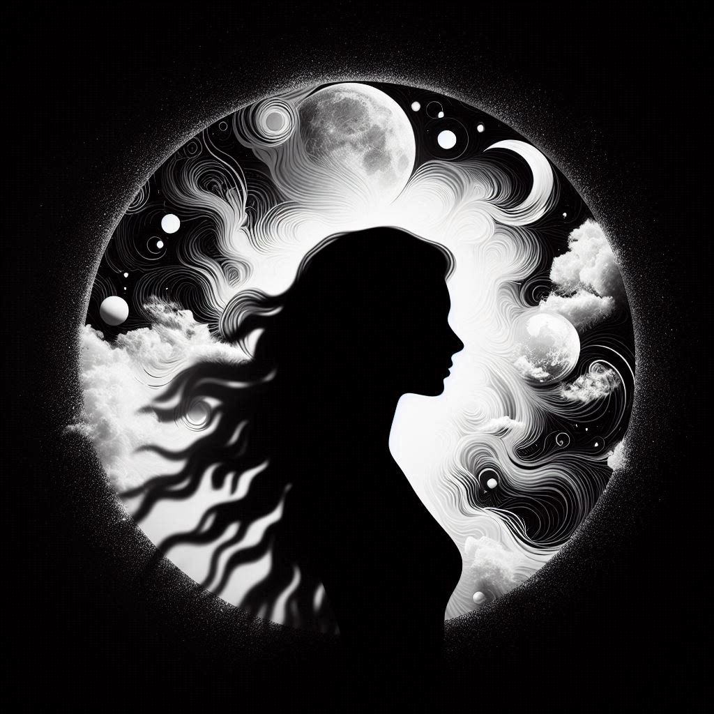 Woman silhouette against moon and stars Woman silhouette against moon and stars