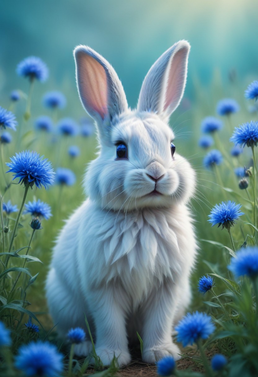 White rabbit in blue flowers White rabbit in blue flowers