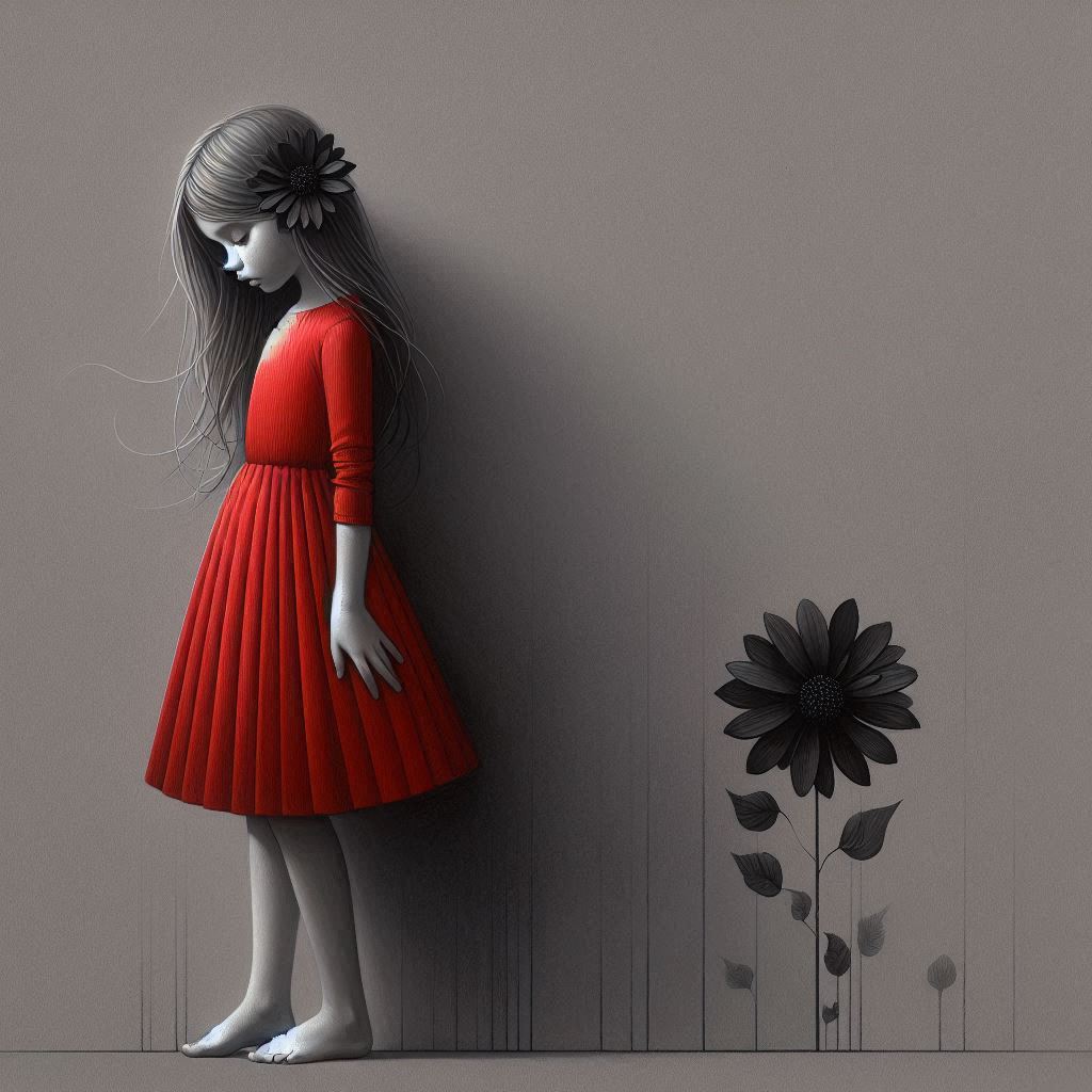 Girl in red dress standing by black flower Girl in red dress standing by black flower