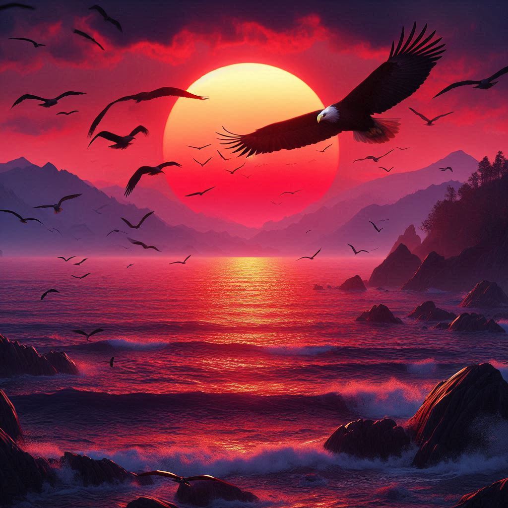 Eagle soaring over sunset sea Eagle soaring over sunset sea