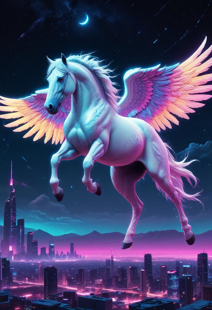 Pegasus flying over city at night Pegasus flying over city at night