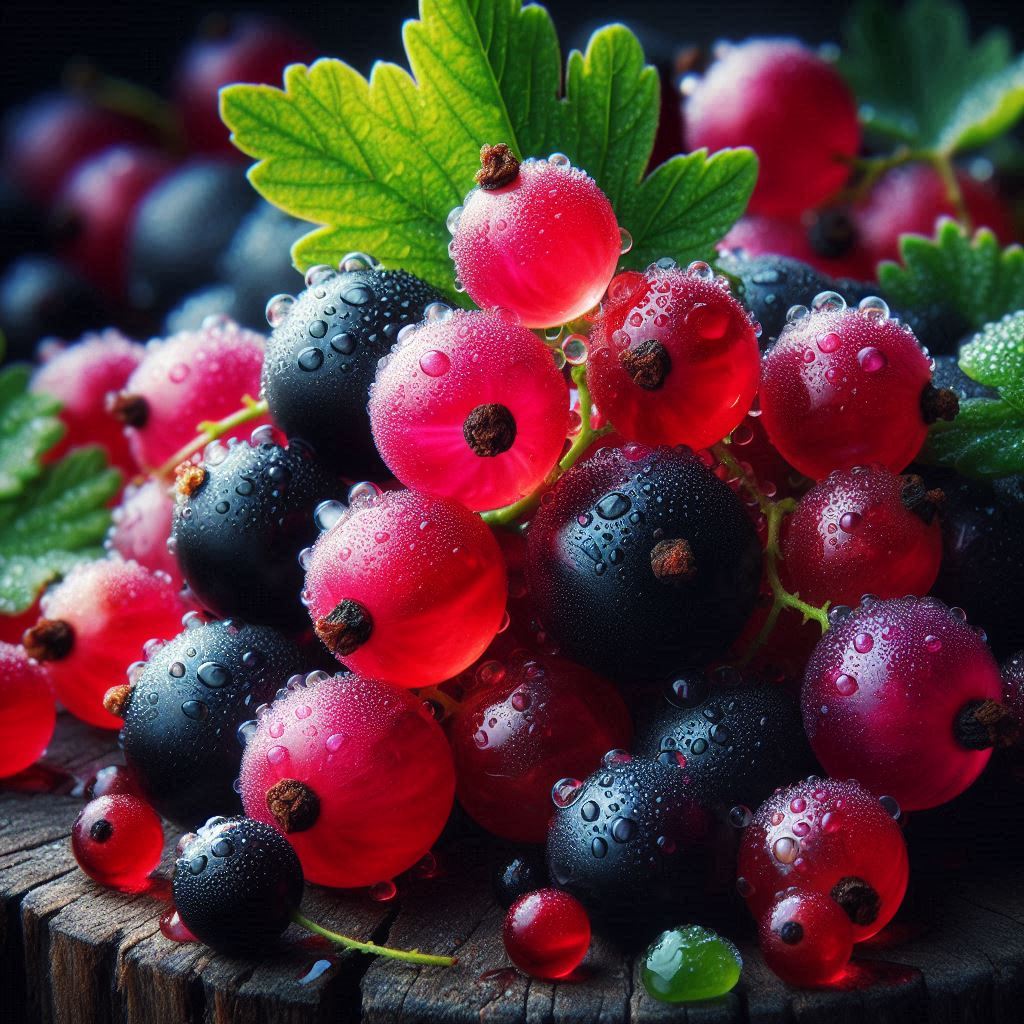 Red and black currants on wooden surface Red and black currants on wooden surface