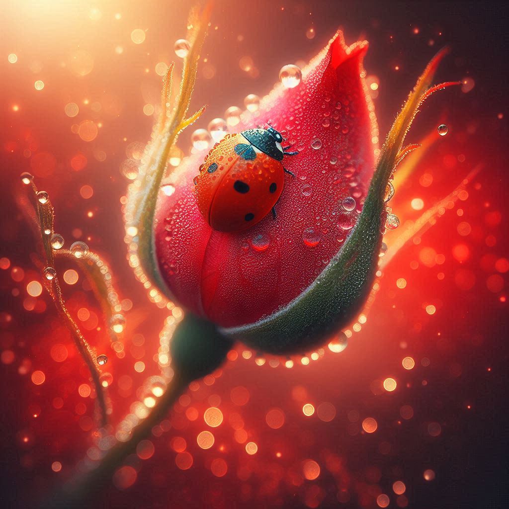 Ladybug on dewy rose bud Ladybug on dewy rose bud