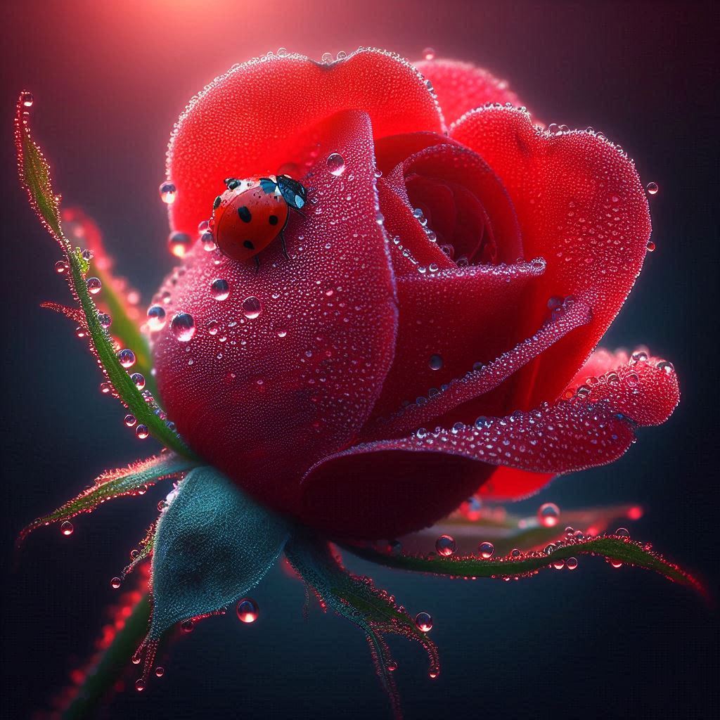 Dewy red rose with ladybug Dewy red rose with ladybug