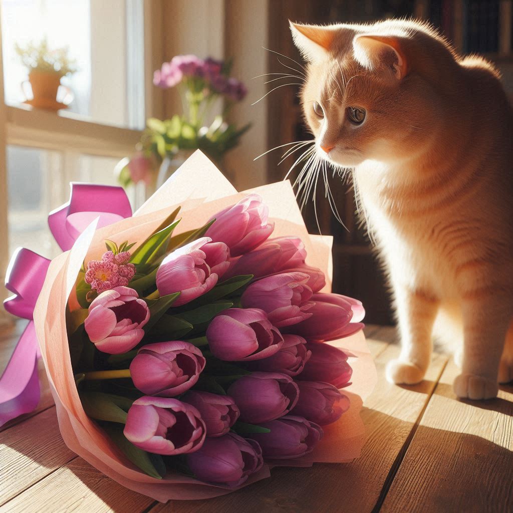 Cat sniffing tulip bouquet Cat sniffing tulip bouquet