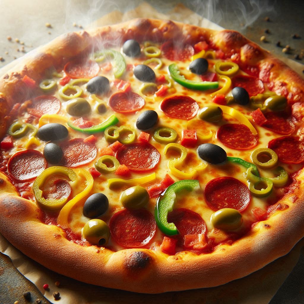 Steaming pepperoni pizza with olives and peppers Steaming pepperoni pizza with olives and peppers