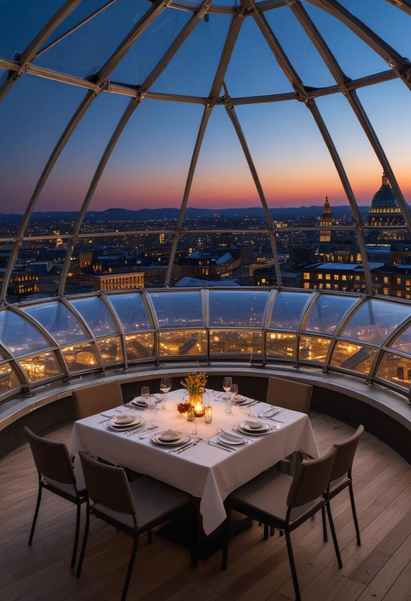 Rooftop dinner with city skyline view Rooftop dinner with city skyline view