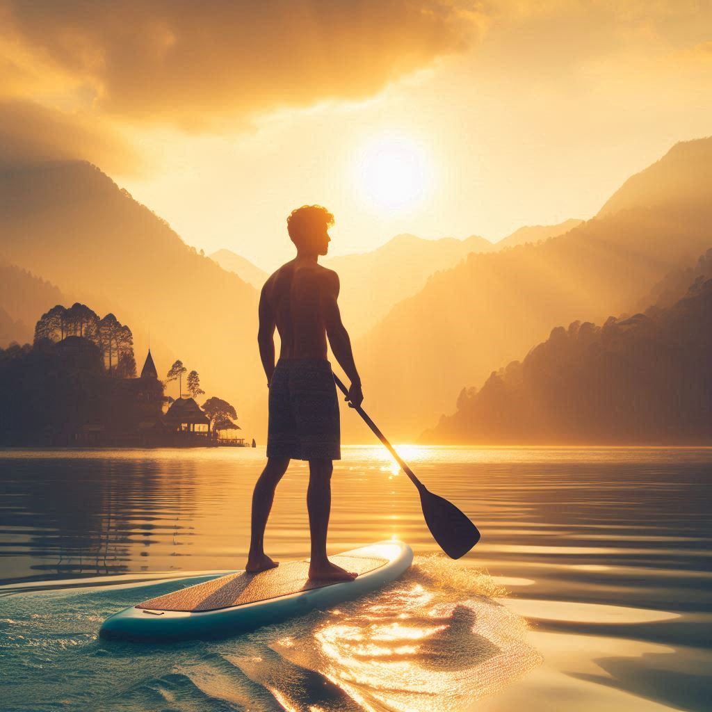 Man paddleboarding at sunset Man paddleboarding at sunset