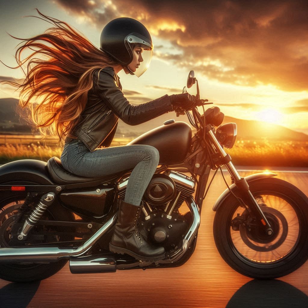 Woman riding motorcycle at sunset Woman riding motorcycle at sunset