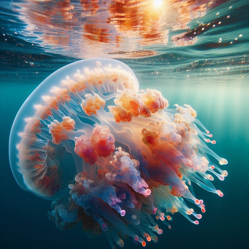 Jellyfish underwater with sunlight Jellyfish underwater with sunlight