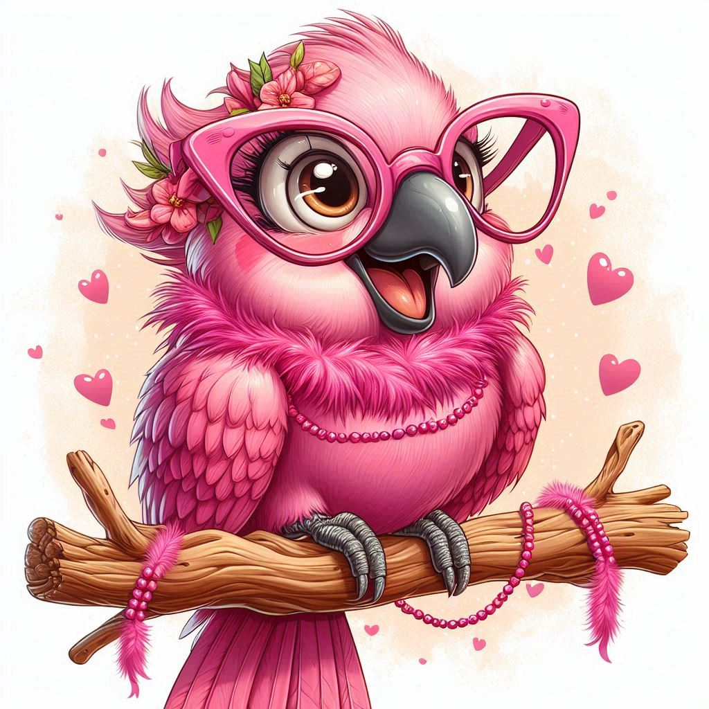 Pink parrot with glasses on a branch Pink parrot with glasses on a branch