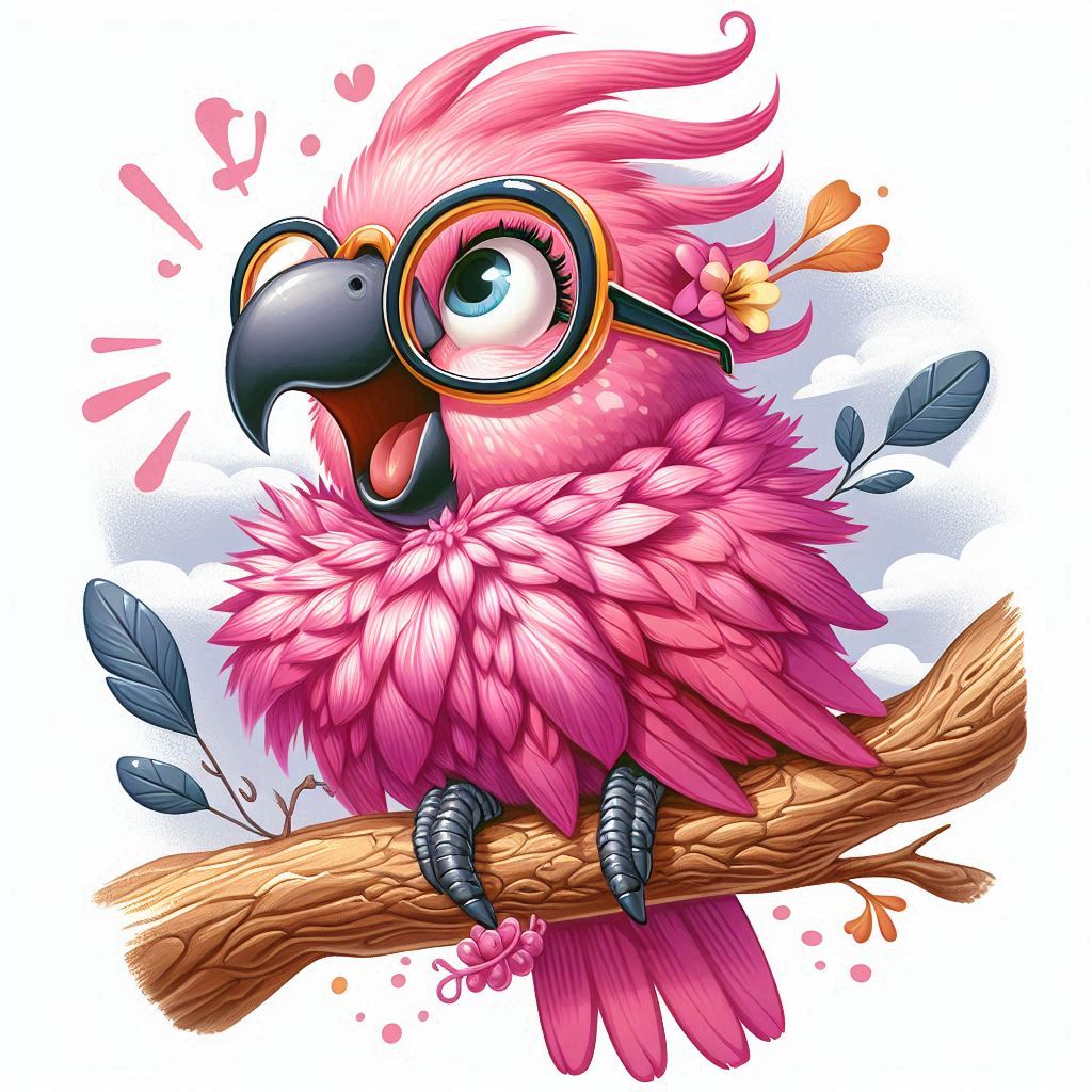 Pink parrot wearing glasses on branch Pink parrot wearing glasses on branch
