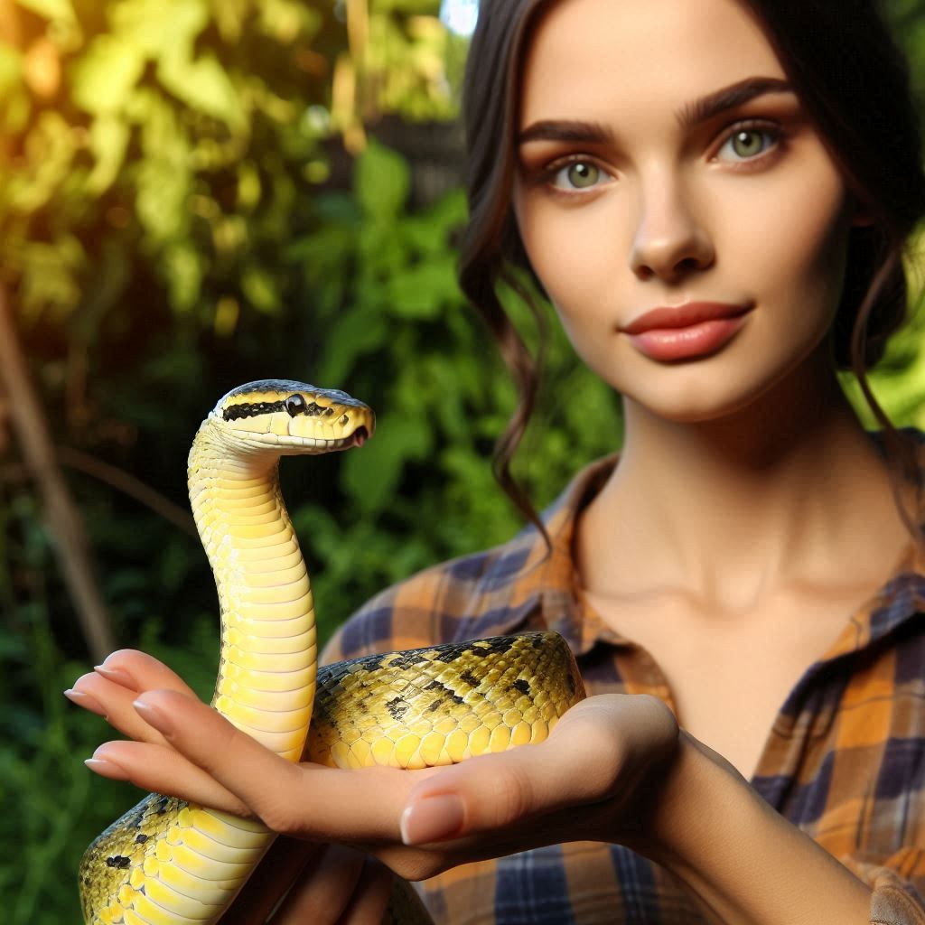 Woman holding a yellow snake Woman holding a yellow snake