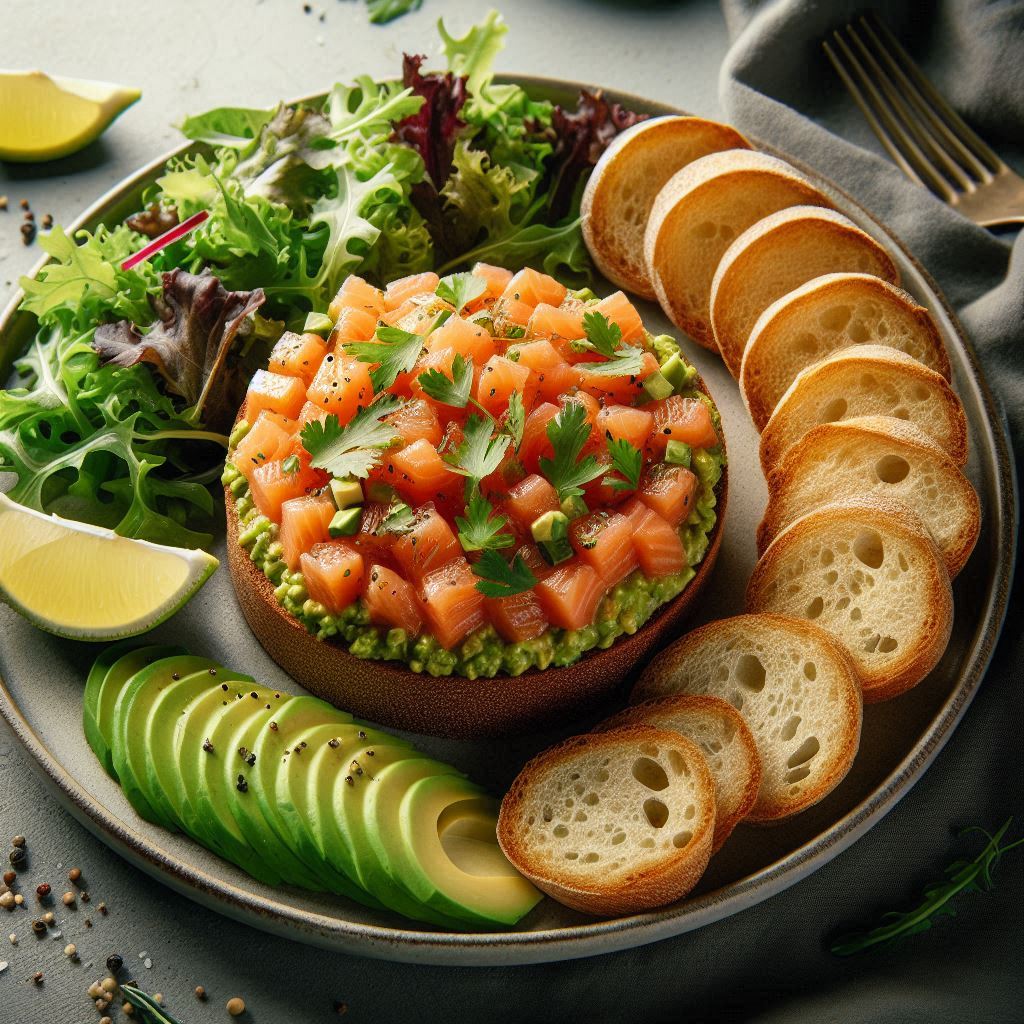Salmon, avocado, and bread appetizer Salmon, avocado, and bread appetizer