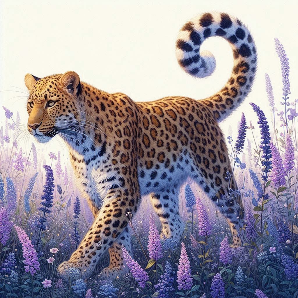 Leopard walking through purple flowers Leopard walking through purple flowers