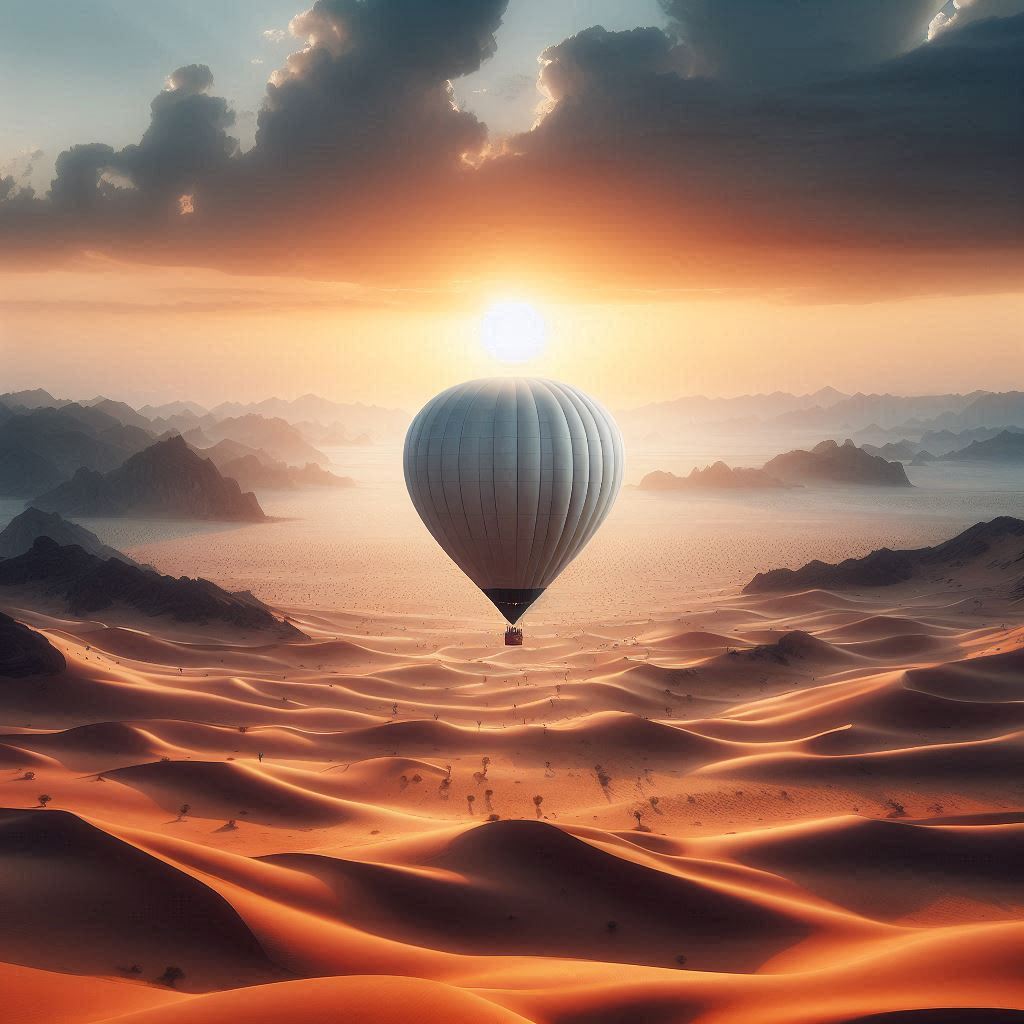 Hot air balloon over desert dunes at sunrise Hot air balloon over desert dunes at sunrise