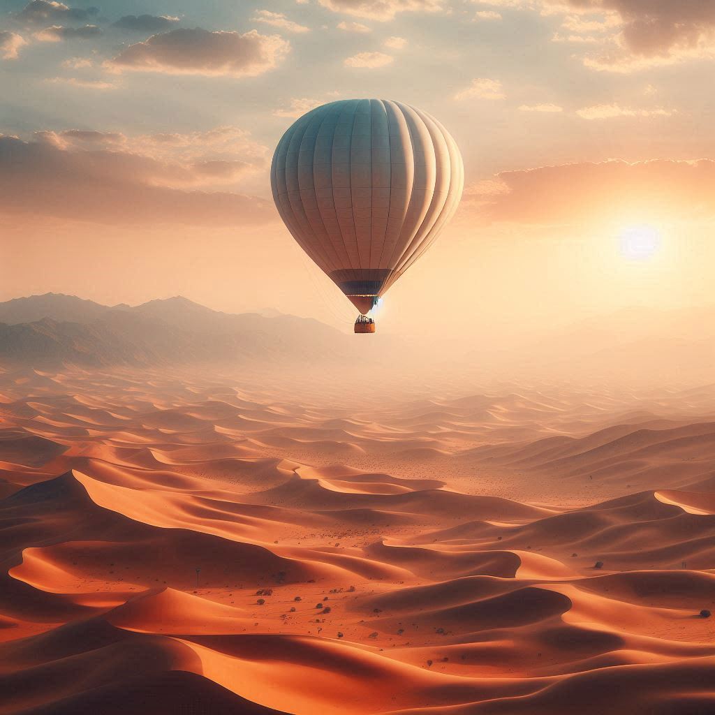 Hot air balloon over desert dunes at sunset Hot air balloon over desert dunes at sunset