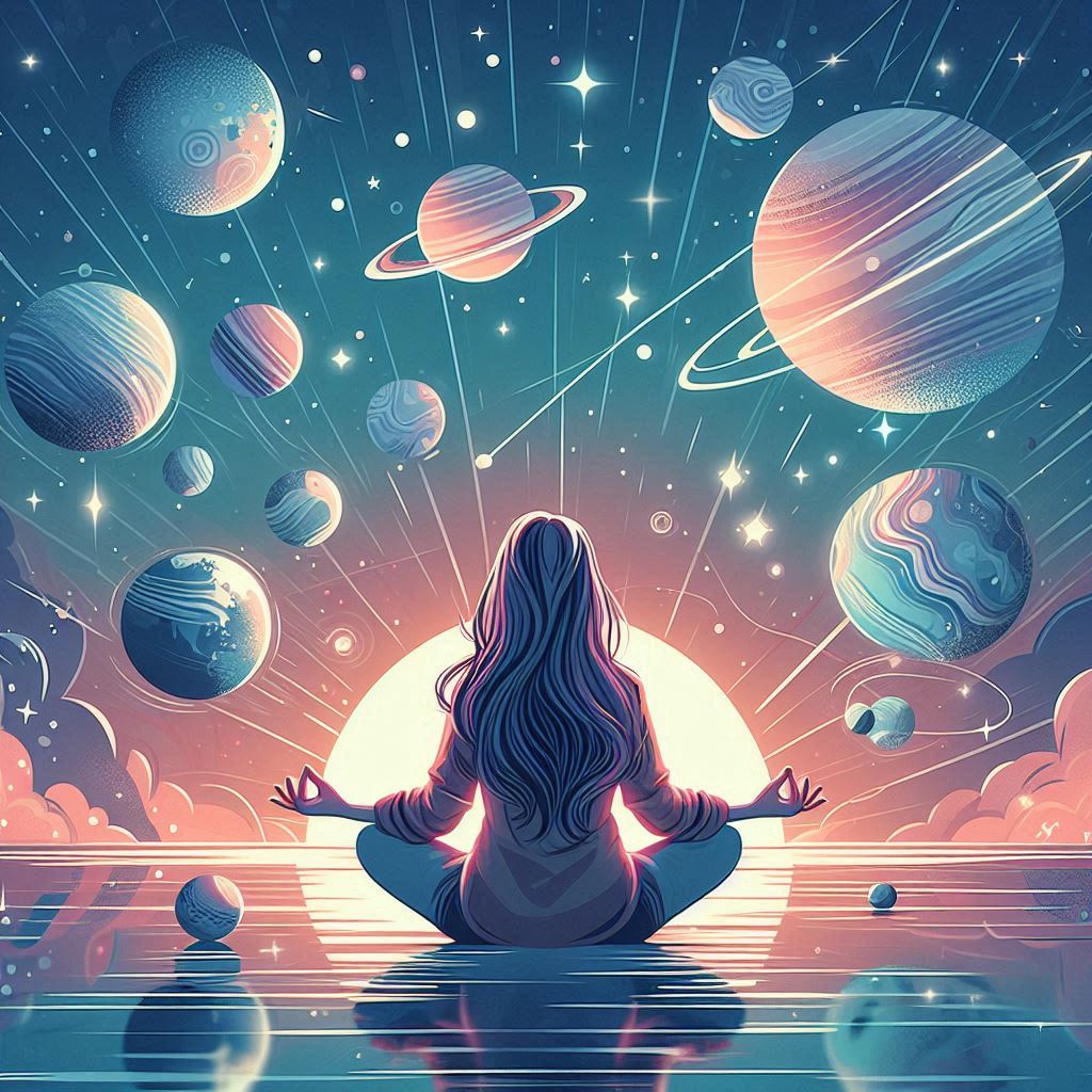 Woman meditating amidst planets Woman meditating amidst planets