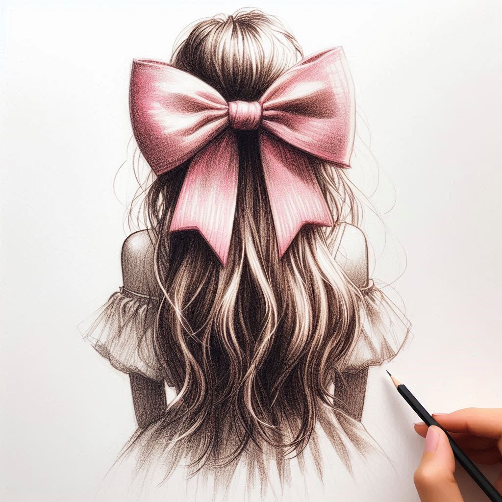 Pencil drawing of girl with pink bow Pencil drawing of girl with pink bow