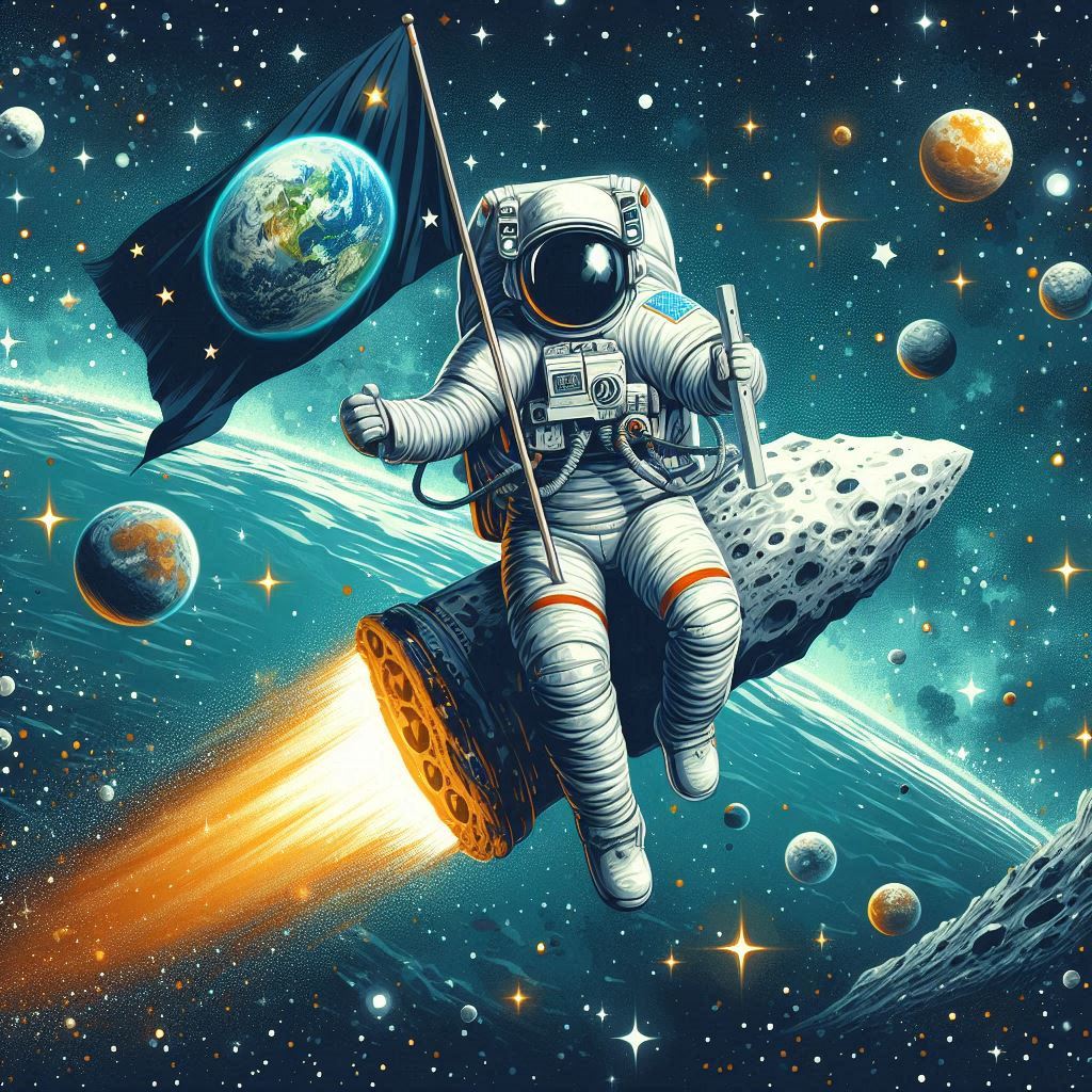 Astronaut riding asteroid through space Astronaut riding asteroid through space