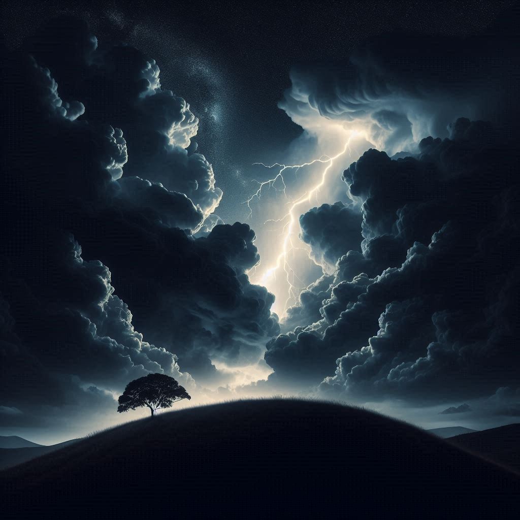 Stormy night with lightning and tree Stormy night with lightning and tree